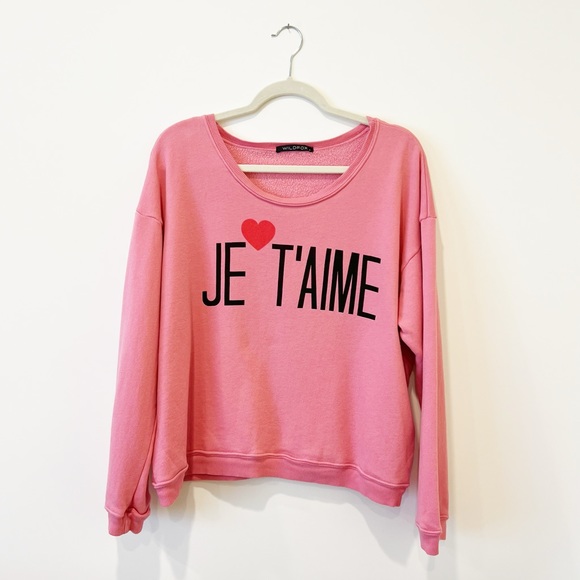 Wildfox Tops - Wildfox Je T'aime Sweatshirt Pink Fleece Lined Heart Graphic Pullover Size Small
